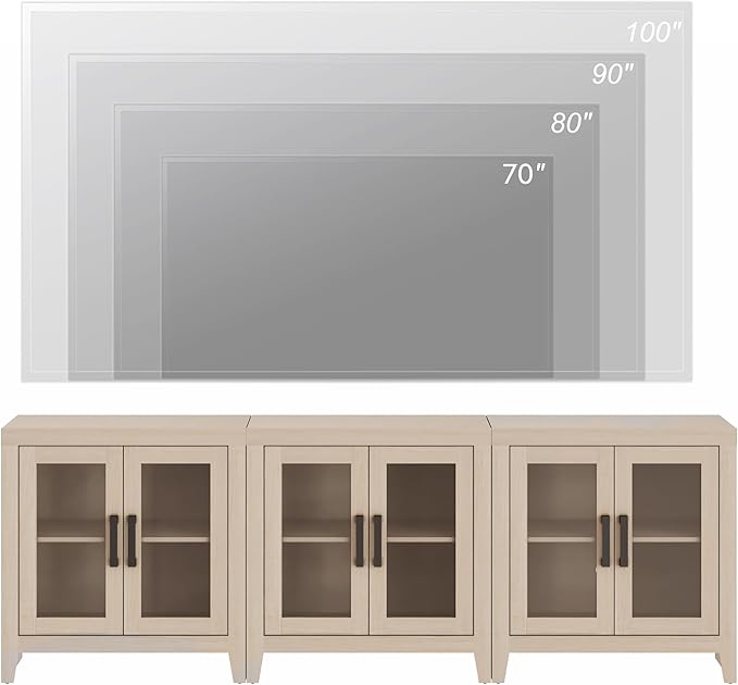 WAMPAT Farmhouse TV Stand for TVs up to 85”, Rustic Wood Entertainment Center with Adjustable Shelf, Glass Doors & Storage, Media Console Cabinet for Living-Room, Bedroom, Beige