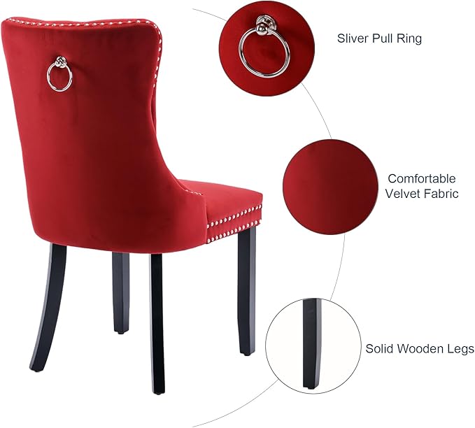 Velvet Dining Chairs Set of 4, Tufted Upholstered Dining Room Chairs with Back Ring Pull, Nailhead Trim and Solid Wood Legs, Modern Dining Chairs for Dining Room, Kitchen,Burgundy Red