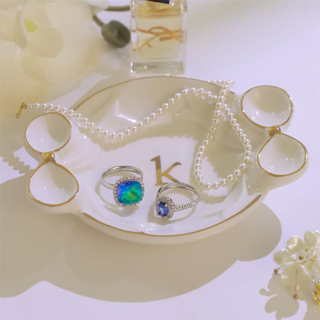 Ceramic Jewelry Tray, Exquisite Handmade Initial Ring Dish with Double Bow Design, Perfect for Organizing Rings Earrings Necklaces Keys, Gifts for Women on Birthday Mother's Day Christmas