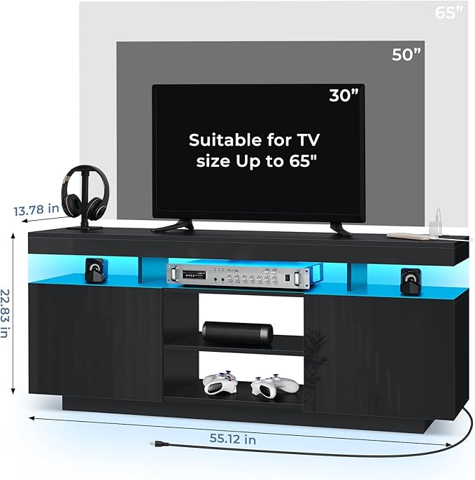 HOMMPA LED TV Stand for 65/60/55 inch TV Modern Entertainment Center with Power Outlets, Gaming TV Consoles with Storage Media Table with LED Lights Game Cabinet for Living Room Black