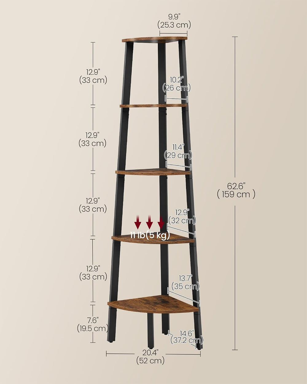 VASAGLE 5-Tier Corner Shelf Stand, Modern Ladder Shelf