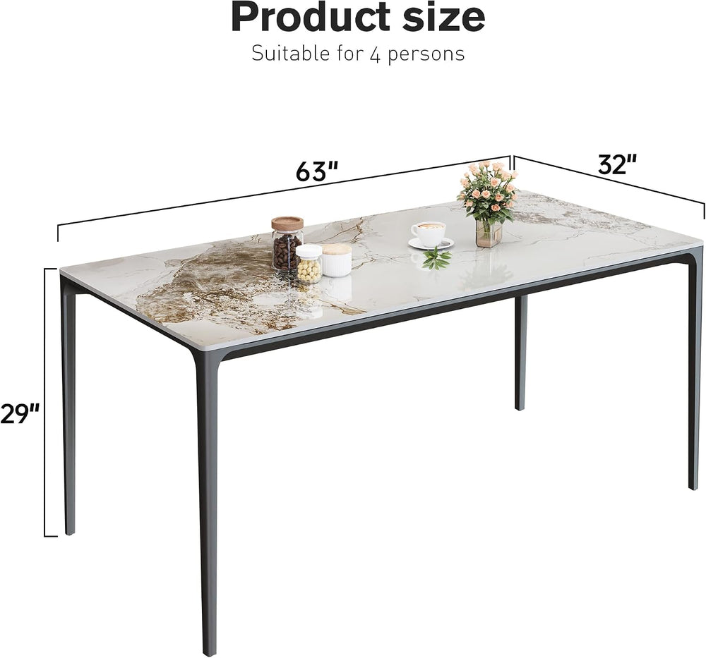 63" Dining Table with Laminate Marble Sintered Stone White Tabletop and ...