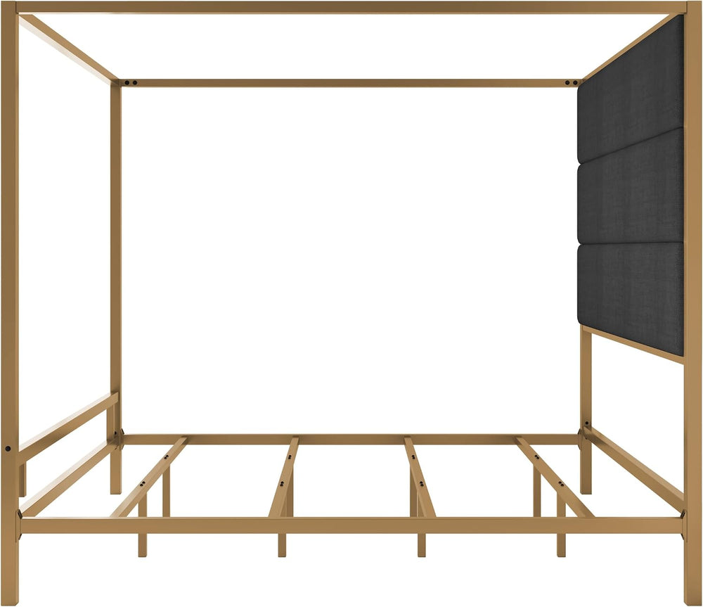 King Size Modern Gold Canopy Bed with Tall Headboard(Dark Gray+Gold, King)