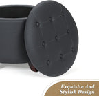 Athena Collection 20 Inch Small Ottoman with Storage, Round PU Leather Storage Ottoman with Removable Lid, Stylish Footstool Foot Rest for Living Room, Bedroom, Dorm, Black