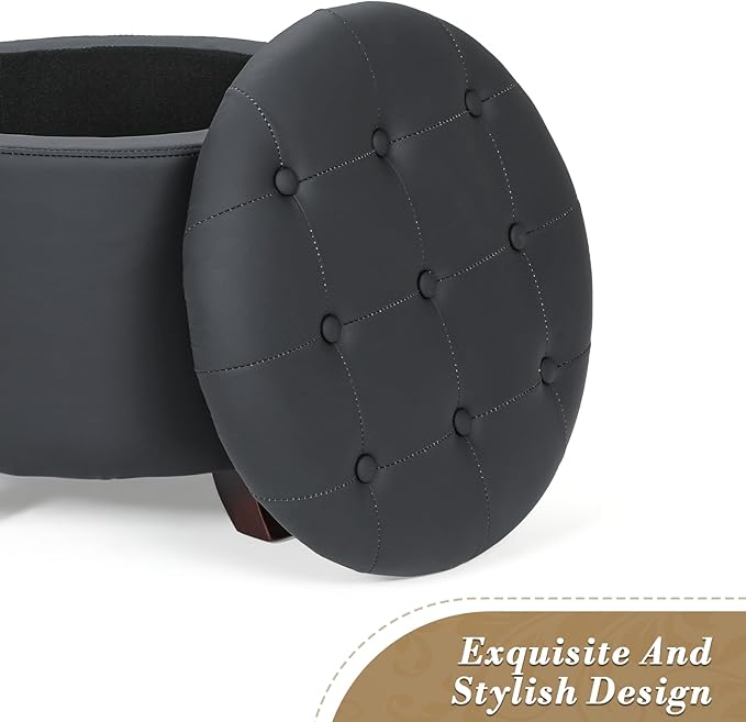 Athena Collection 20 Inch Small Ottoman with Storage, Round PU Leather Storage Ottoman with Removable Lid, Stylish Footstool Foot Rest for Living Room, Bedroom, Dorm, Black