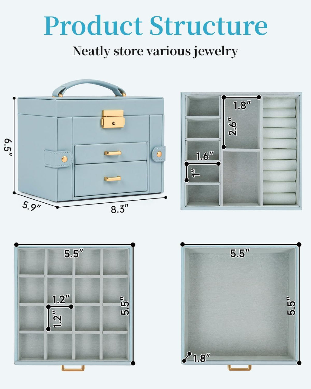 TORIBIO Jewelry Box for Women, Leather Jewelry Organizer with Mirror & Lock, 3-Tier Jewelry Storage Organizer with 2 Drawers for Girls/Women/Mothers, Necklace Earring Bracelets Holder Organizer