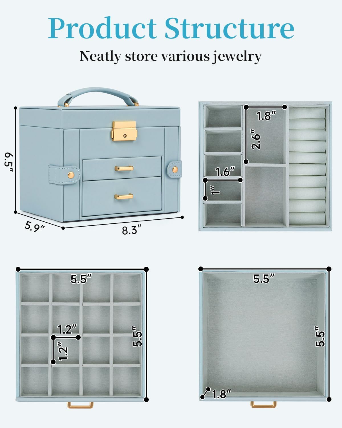 TORIBIO Jewelry Box for Women, Leather Jewelry Organizer with Mirror & Lock, 3-Tier Jewelry Storage Organizer with 2 Drawers for Girls/Women/Mothers, Necklace Earring Bracelets Holder Organizer