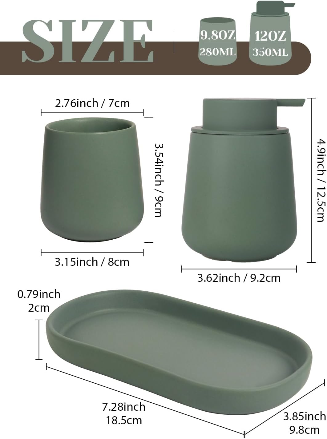 INGOFIN 3 Pcs Ceramic Bathroom Accessory Set - Foam Soap Dispenser, Toothbrush Holder & Tray, Bathroom Counter Set, Countertop Essentials for Home, Guest Bathroom, or Office Use, Matte Green