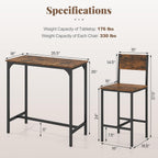 Tangkula 3 Piece Counter Height Bar Table Set, Pub Table and Chairs Set of 2, High Top Console Table with Stools for 2, Space-Saving Dinette Set for Breakfast Nook (Rustic Brown)