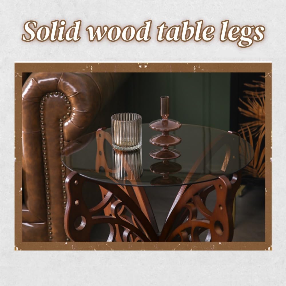Butterfly Side Table, Tempered Glass Coffee Table with Solid Wood Base, Small...
