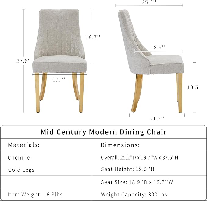 Beige Mid Century Dining Chairs Set of 6, Modern Kitchen & Dining Room Chairs Set of 6, Chenille Fabric Upholstered Kitchen Chairs, Sillas de Comedor, Gold Legs (Beige, 6 Pcs)