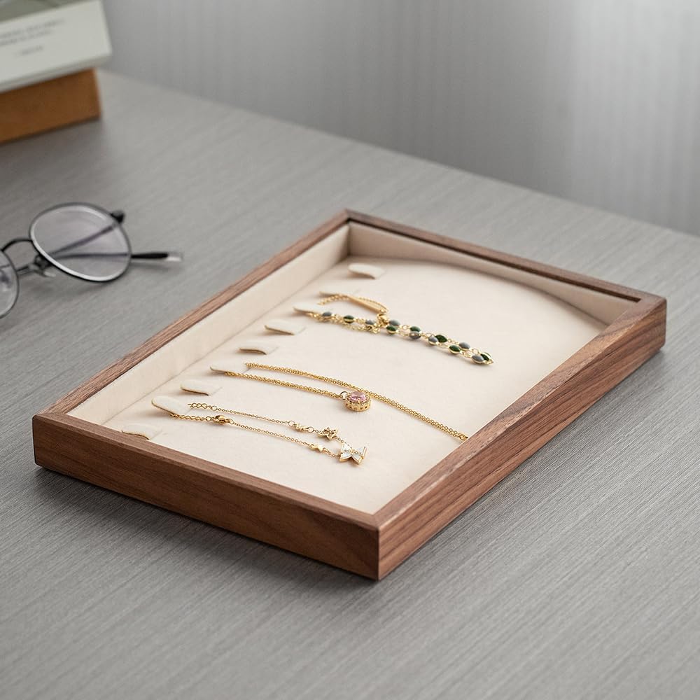 9 Grid Black Walnut Wood Jewelry Tray with Velvet Lining, Stackable Jewelry Organizer for Necklace, Bracelet & Pendant Storage, Premium Elegant Jewelry Drawer Organizer for Women