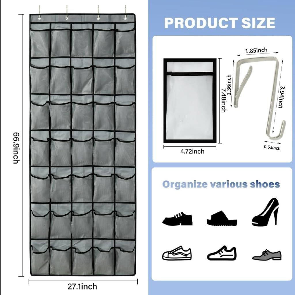 35Large Pockets Over The Door Shoe Organizer, Mesh Pockets Shoe Holder Rack, Capacity hanging shoe organizer，door shoe rack With 4 Metal Hook.