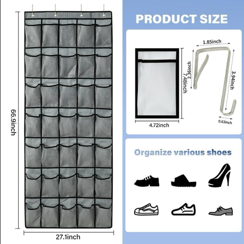 35Large Pockets Over The Door Shoe Organizer, Mesh Pockets Shoe Holder Rack, Capacity hanging shoe organizer，door shoe rack With 4 Metal Hook.
