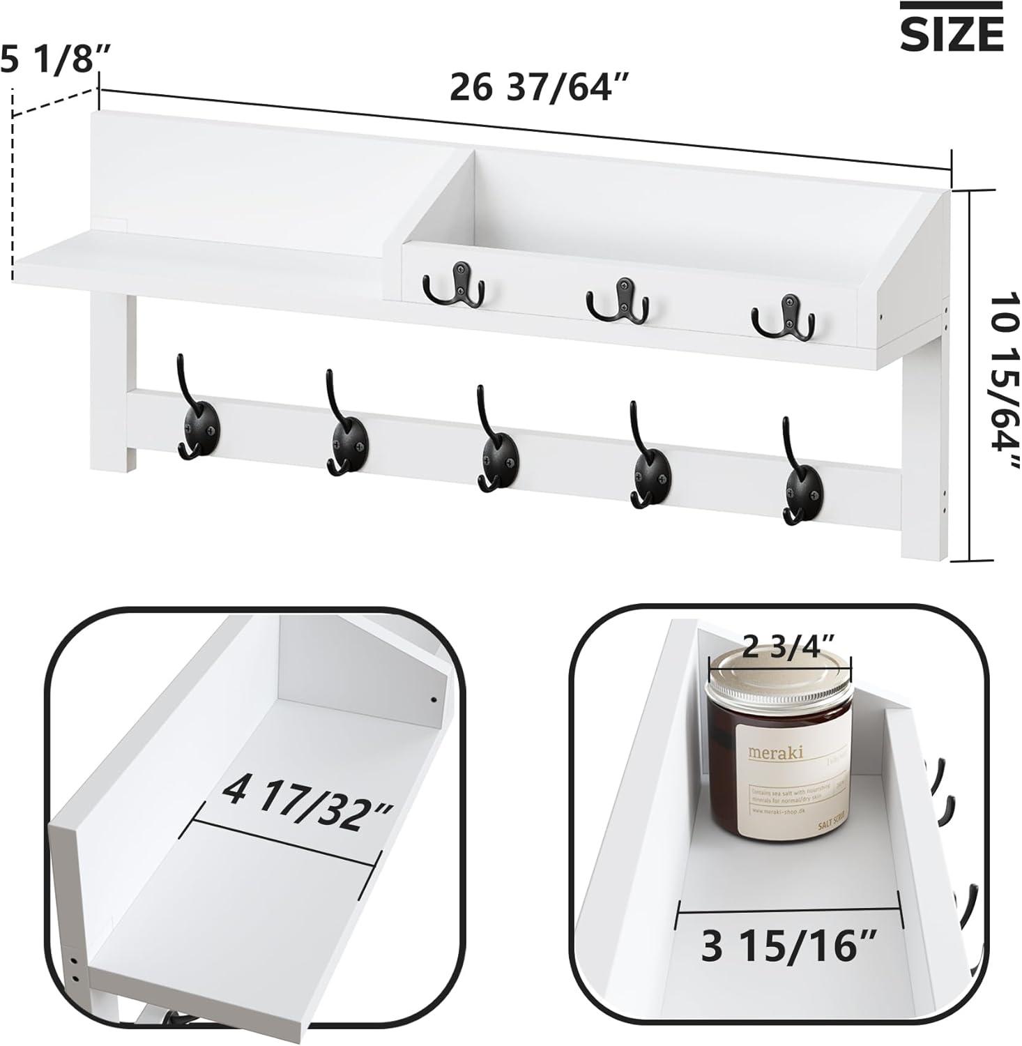 AMBIRD 26.57-Inch Wall Hanging Shelf With Coat Hooks - Entryway Wood Rack With 5 Dual Hooks, 3 Key Hooks, Mail Organizer and Key Holder (White)