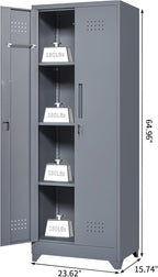 Broom Closet Storage Cabinet, Steel Locking Cabinet with Hanging Rod, 65" Cleaning Storage with Doors and Hooks, Tall Broom Tool Cabinets for Office, Garage