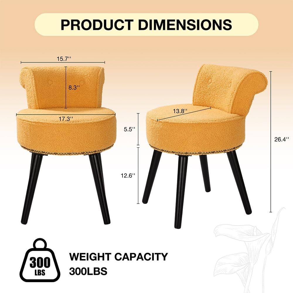Teddy Yellow Vanity Chair with Back, Sherpa Stool with Tufted Backrest | Gold...