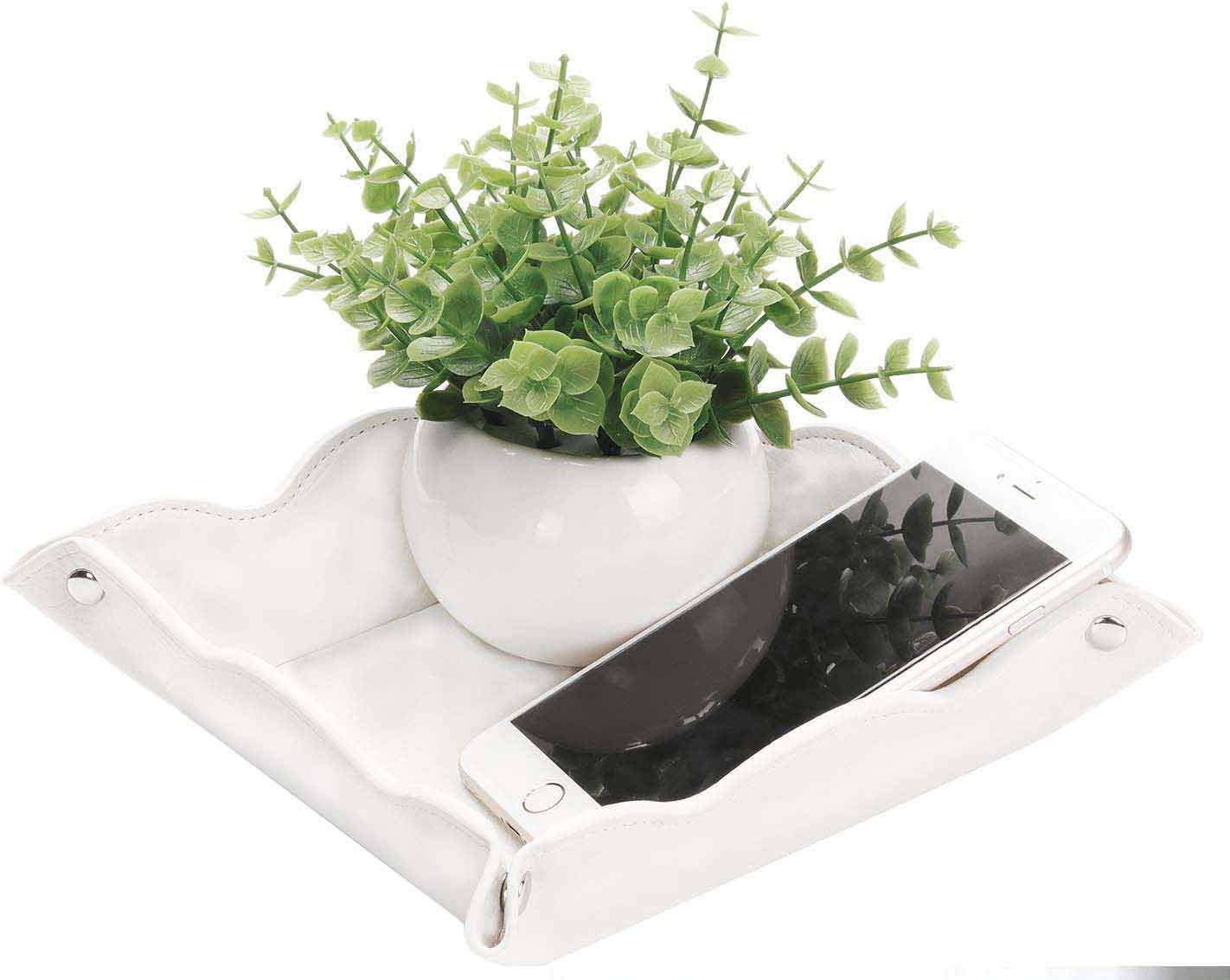 Valet Tray for Men Women - PU Leather Travel Catchall Tray Organizer - Desk Bedside Nightstand Storage Box for Jewelry Key Phone Remote Controller Wallet Watch Glasses Coin Readers -White