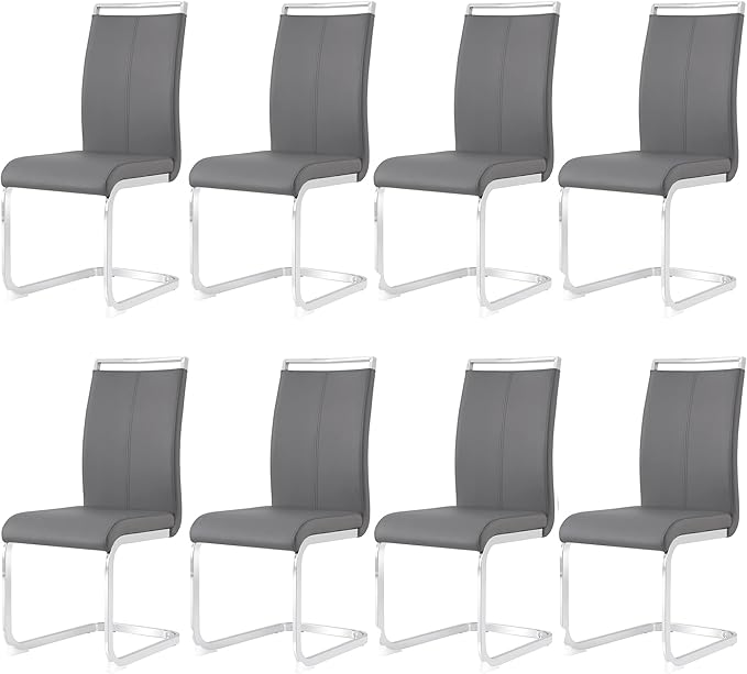 AZmac Modern Leather Dining Chairs Set of 8,Armless Kitchen Chairs,Dining Room Chairs with Upholstered Padded Seat and Sturdy Chrome Legs for Dining Room,Kitchen (Set of 8, Grey+PU Leather)