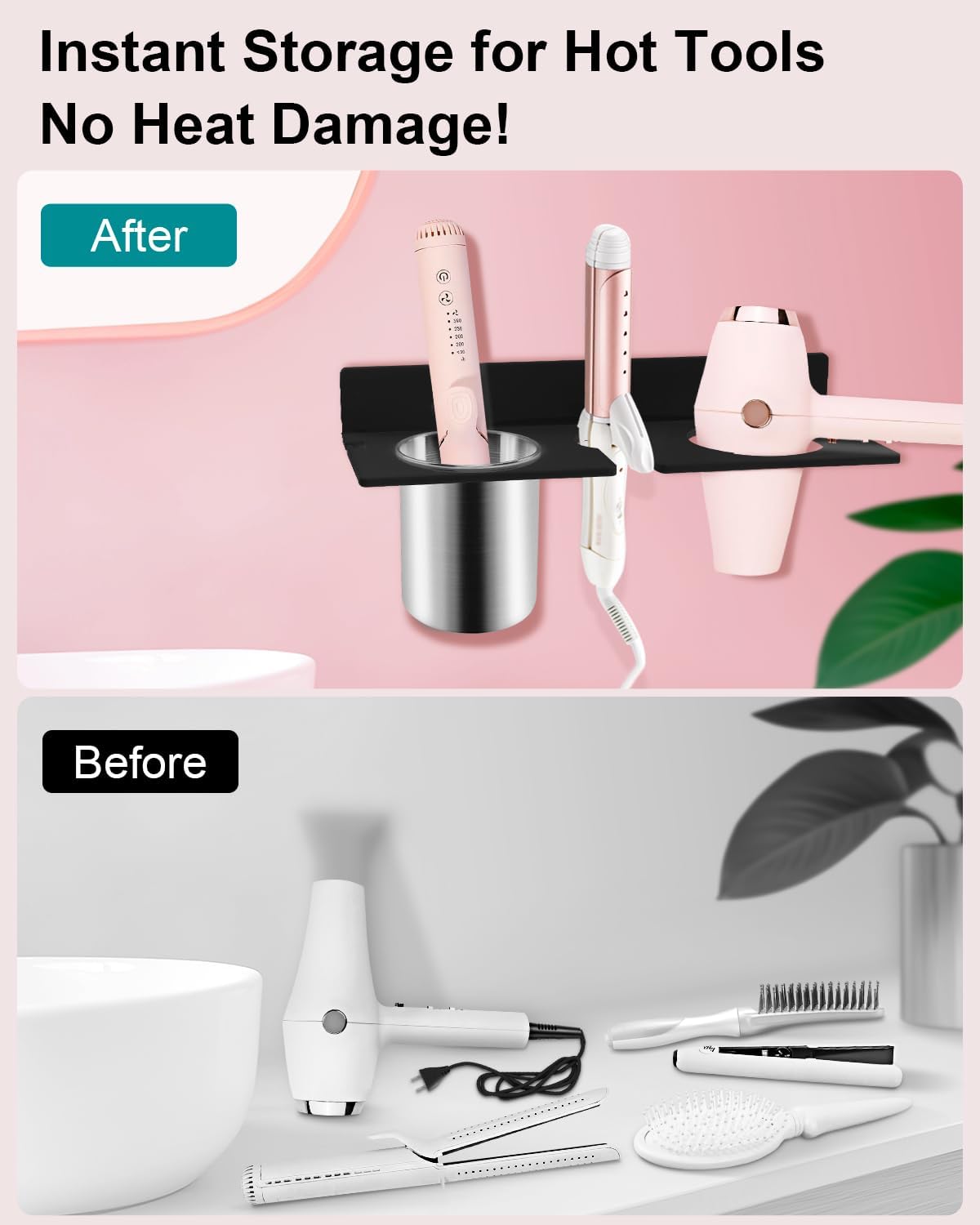 Hair Tool Organizer, Hair Dryer Holder with Heatproof Steel Cups, Acrylic Vanity Organizer for Curling Iron, Flat Iron & Hair Brushes, Perfect for Bathroom (Black, Compact)
