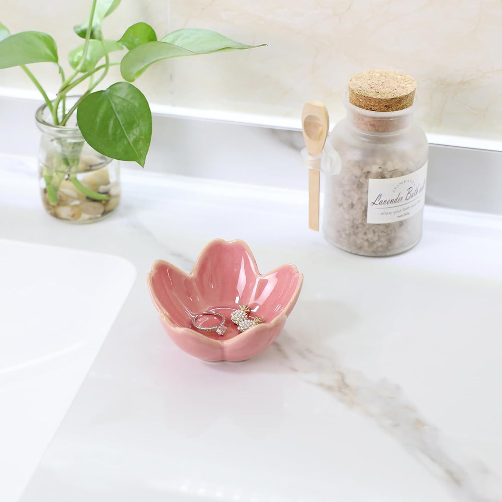 Pink Flower Ring Dish Holder,Jewelry Dish Tray,Small Trinket Tray,Jewelry Plate Bowl,Key Bowl,Decorative Plate,Mothers Day Birthday Gifts for Women Friends,Ceramic Kiln effect White
