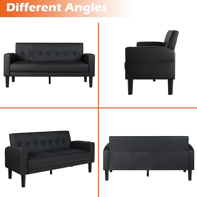 AILEEKISS 2 Piece Living Room Sofa Set Loveseat Sofas Sets with 2 USB, Cup Holders, Side Pocket, Modern Leather 2 Pcs Sectional Couch Chairs Set for Apartment, Office, Bedroom (Black, 2-Seat+1-Seat)