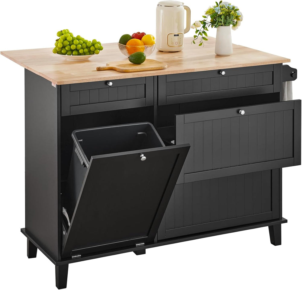 VEVOR Kitchen Island Cart, 50" Wood Top Breakfast Bar with Trash Cabinet...