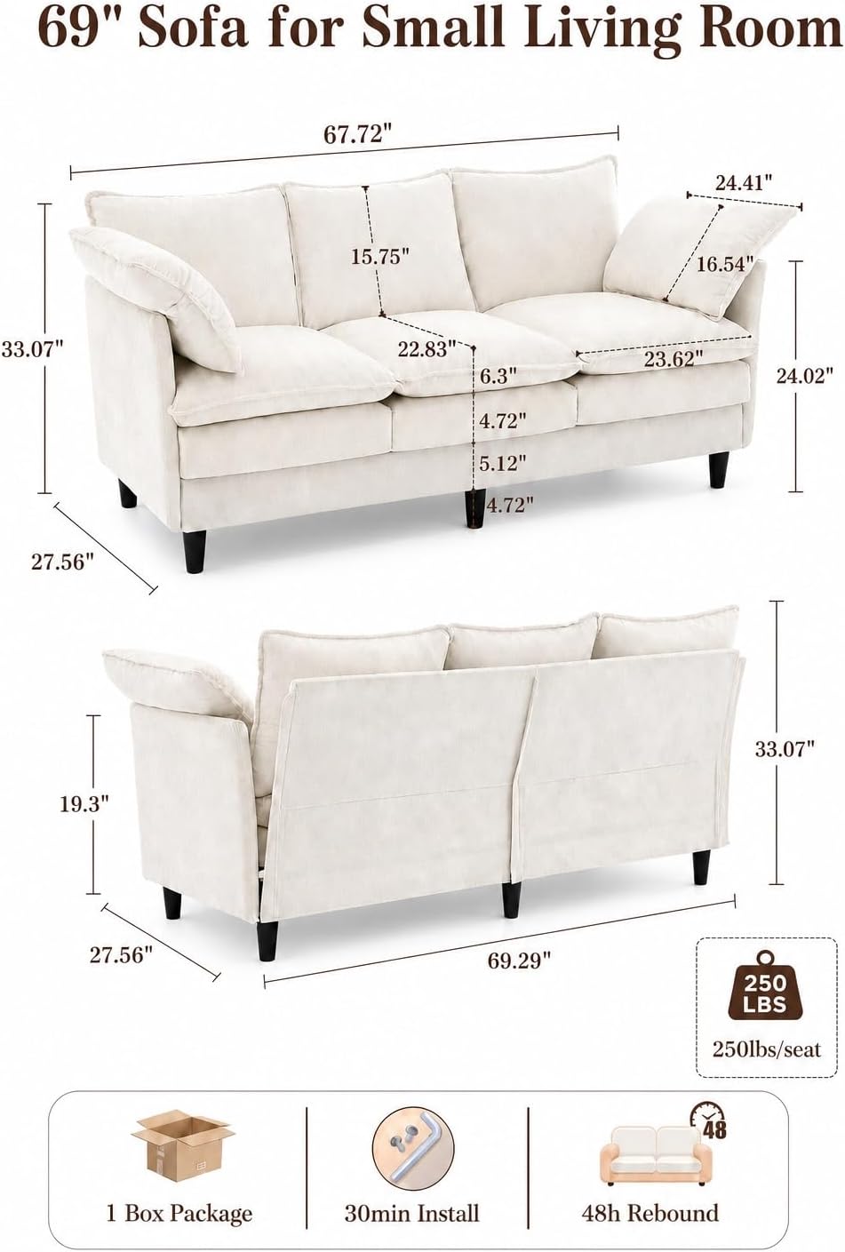KYJ 69” Small Sofa, Cloud 3-Seat Love Seat, Small Couch for Living Room | 3 L...