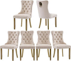 Beige Velvet Dining Chairs Set of 6, Upholstered Dining Room Chairs with Lion Head Pulls Ring and Golden Solid Wood Legs, Modern Button Tufted Kitchen Chairs for Dining Room, Kitchen(Beige)