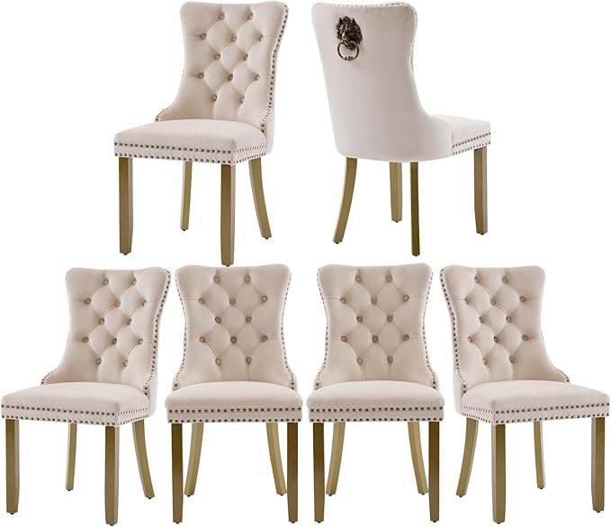 Beige Velvet Dining Chairs Set of 6, Upholstered Dining Room Chairs with Lion Head Pulls Ring and Golden Solid Wood Legs, Modern Button Tufted Kitchen Chairs for Dining Room, Kitchen(Beige)