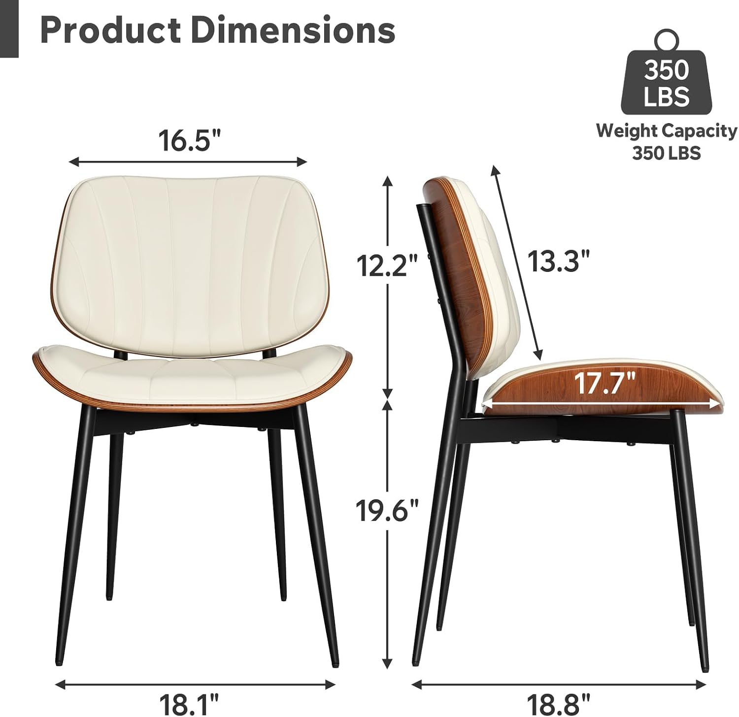 Dining Chairs Set of 2, Mid Century Modern Dining Room Chairs, Upholstered Faux Leather Kitchen Chairs with Walnut Bentwood Back and Metal Legs for Kitchen Dining Room Living Room, PU Beige