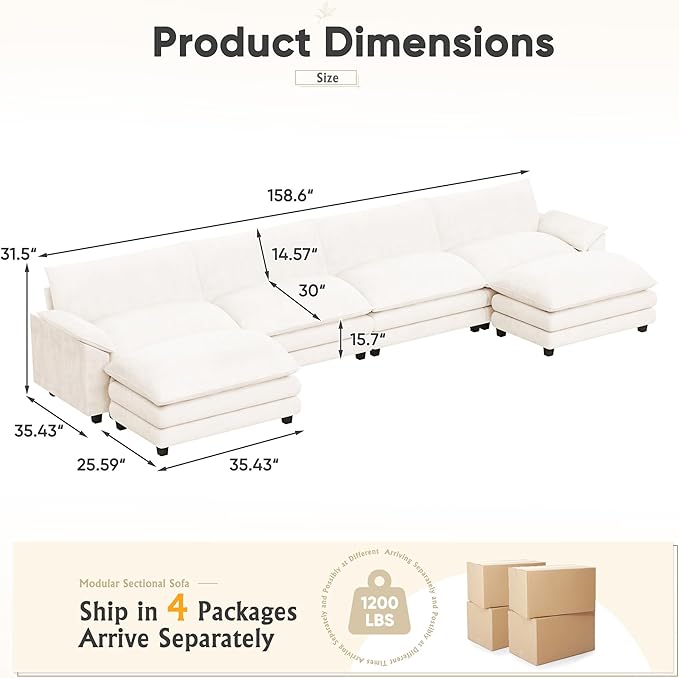 Furniwell 159" Modern Couches Sectional Sofa with Movable Ottoman, U Shaped Sofa Couch with Comfy Chenille and Deep Seat, 4-Seat Cloud Couch for Living Room, Bedroom and Apartment