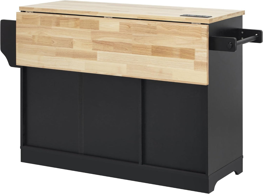 Merax 59.3" Black Kitchen Island with Storage, 2 Pull Out Cabinet Organizers & Rubber Wood Drop Leaf, Rolling Island Table with Trash Can Storage, Power Outlet, Spice & Towel Rack for Kitchen Dining
