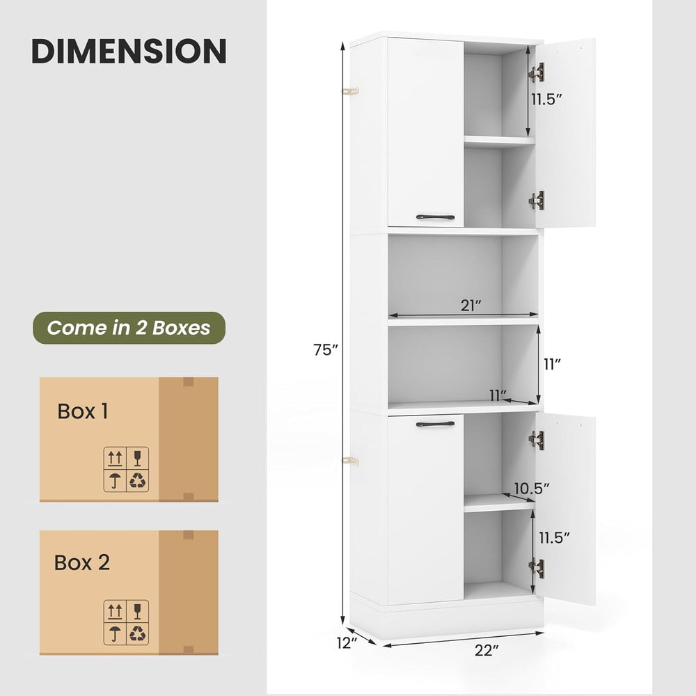 75” Kitchen Pantry Cabinet, Tall Freestanding Kitchen Hutch with 4 Doors, 2 O...
