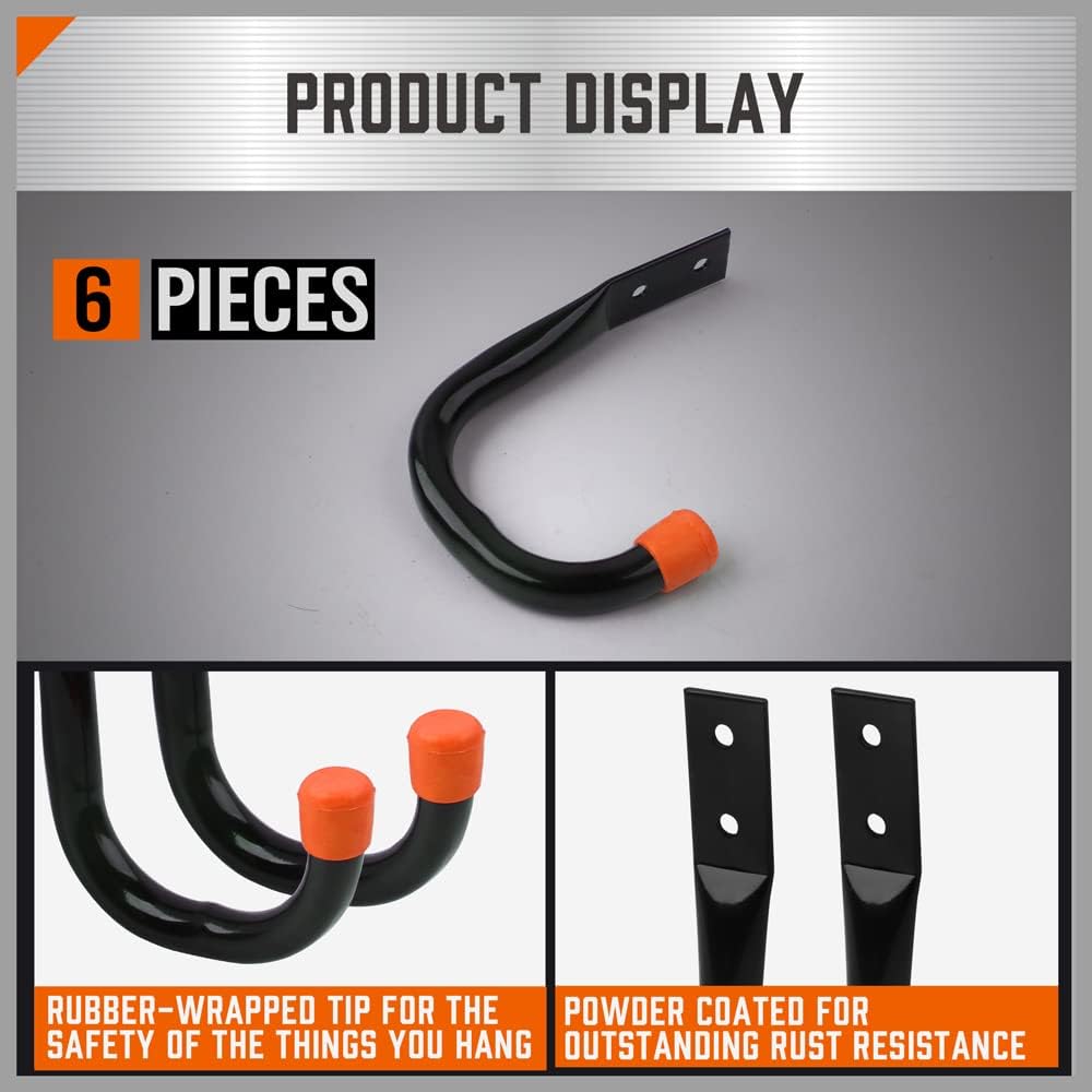 HORUSDY 6-Pack Heavy Duty Metal Wall Hooks, Large Garage Storage & Organization Hooks for Tools, Extension Cords, Ladders, and Bags, Wall Mount J Hooks for Indoor Outdoor Use, Black