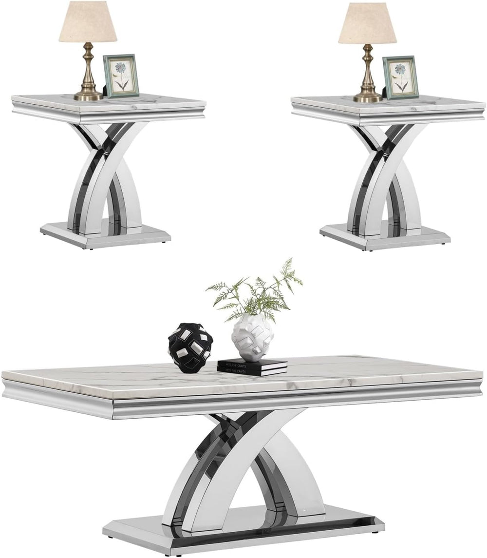 Henf 3-Piece Living Room Table Set for Home Office, Faux Marble White Coffee ...