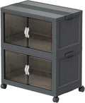 Stackable Storage Bins,Plastic Storage Bins with Lid and Wheels, Collapsible Storage Containers with Magnetic Doors, Foldable Storage Boxes for Home, Pantry, Office (L, Gray 2-Tier)