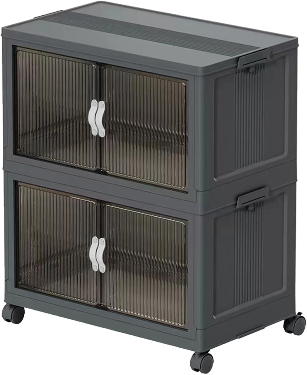 Stackable Storage Bins with Lids and Wheels for Home Organization-Large Foldable Containers Plastic Wheel Collapsible Storage Cabinet Boxes for Home, Pantry, Office (S, Gray 2-Tier)