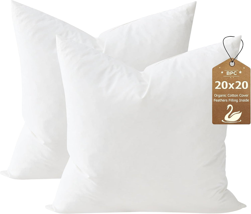 BPC 20x20 Down Feather Throw Pillow Inserts Set of 2, 100% Organic Cotton Cov...