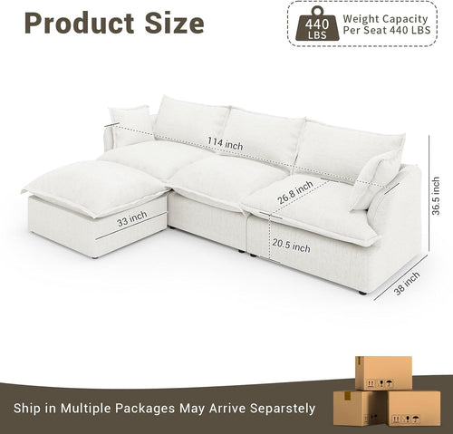 114” Cloud Sectional Couch, Comfy Down Filled Modular Sectional Sofa with Washable Cover, L Shaped 3 Seater Modular Couch with Ottoman, Sectional Couches for Living Room, Cream White