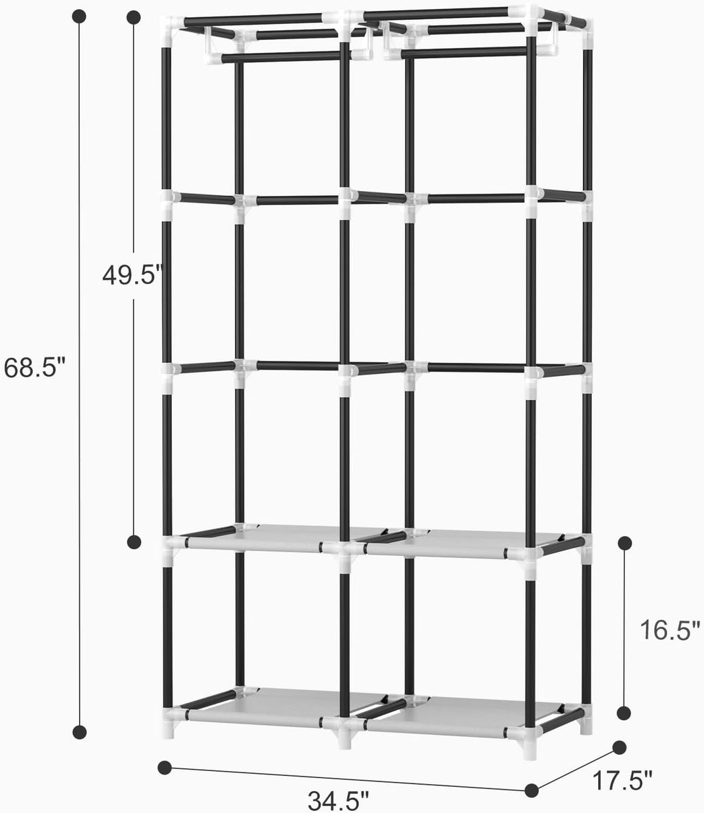 VTRIN Portable Closet Wardrobe Closet for Hanging Clothes with 4 Storage Shelves, 2 Hanging Rods and 6 Pockets, Stable and Easy Assembly Clothes Rack with Cover Free Standing Closet for Bedroom, Black