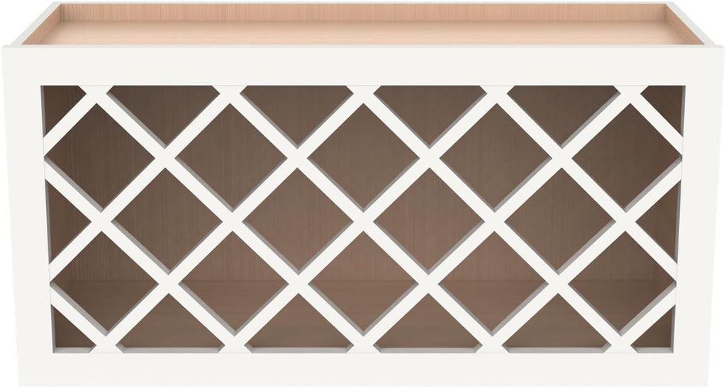 Solid Wood RTA Wine Bottle Rack Wall Cabinet with Lattice Panels and Wine Storage - Mocha (Origami White, 36'W 12'D 18'H) for Bar, Pantry, Cellar, Countertop