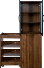 LUMISOL Tall Kitchen Pantry Cabinet with 4 Tier Pull-Out Storage Shelf, Kitchen Hutch Wooden Tall Bookshelf with 2 Glass Doors, Modern Display Storage Cabinet for Living Room Dining Room, Walnut