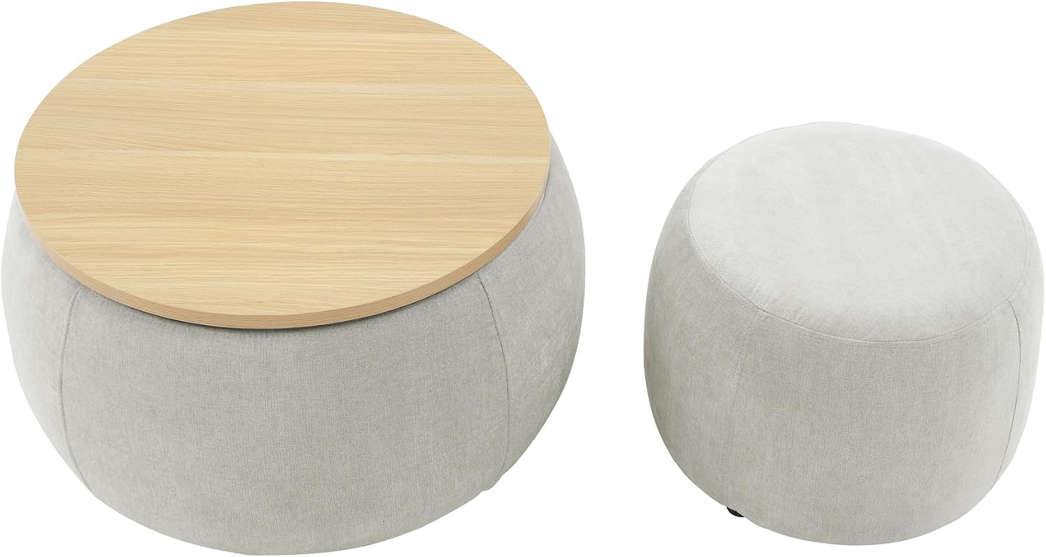 Ball & Cast Round Upholstered Storage-Ottoman Set with Wood Tray, Large Storage Coffee Table w/Footstool & Removable Lid, Dia 25" Padded Bench & End Side-Table for Living Bedroom, Light Grey