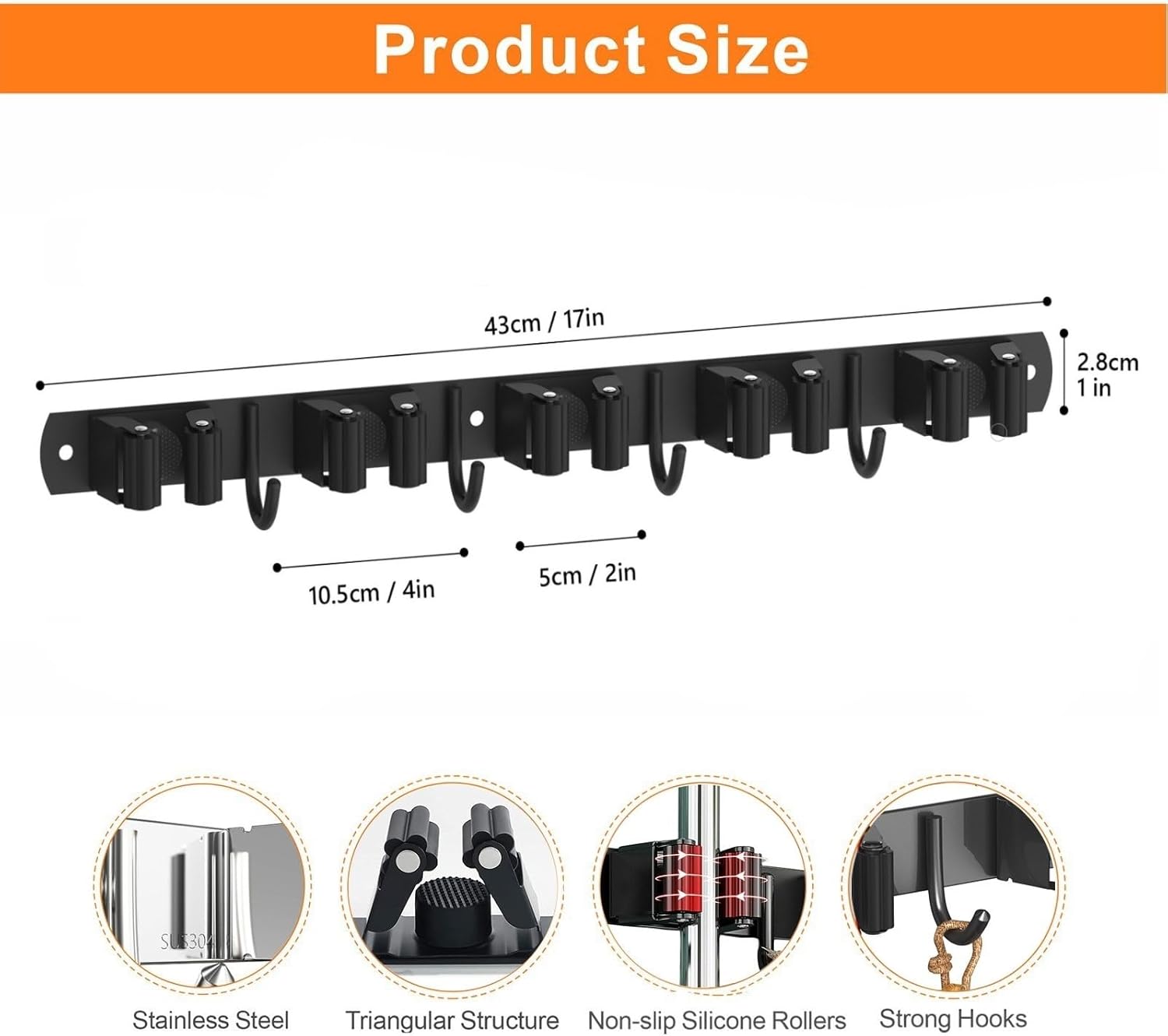 2 Pack Mop and Broom Holder Wall Mount, Non-slip Broom Hanger Wall Mount, Heavy Duty Mop Broom Organizer for Kitchen Garden Garage Laundry Room Wall Decor Organization and Storage Black 5R4H
