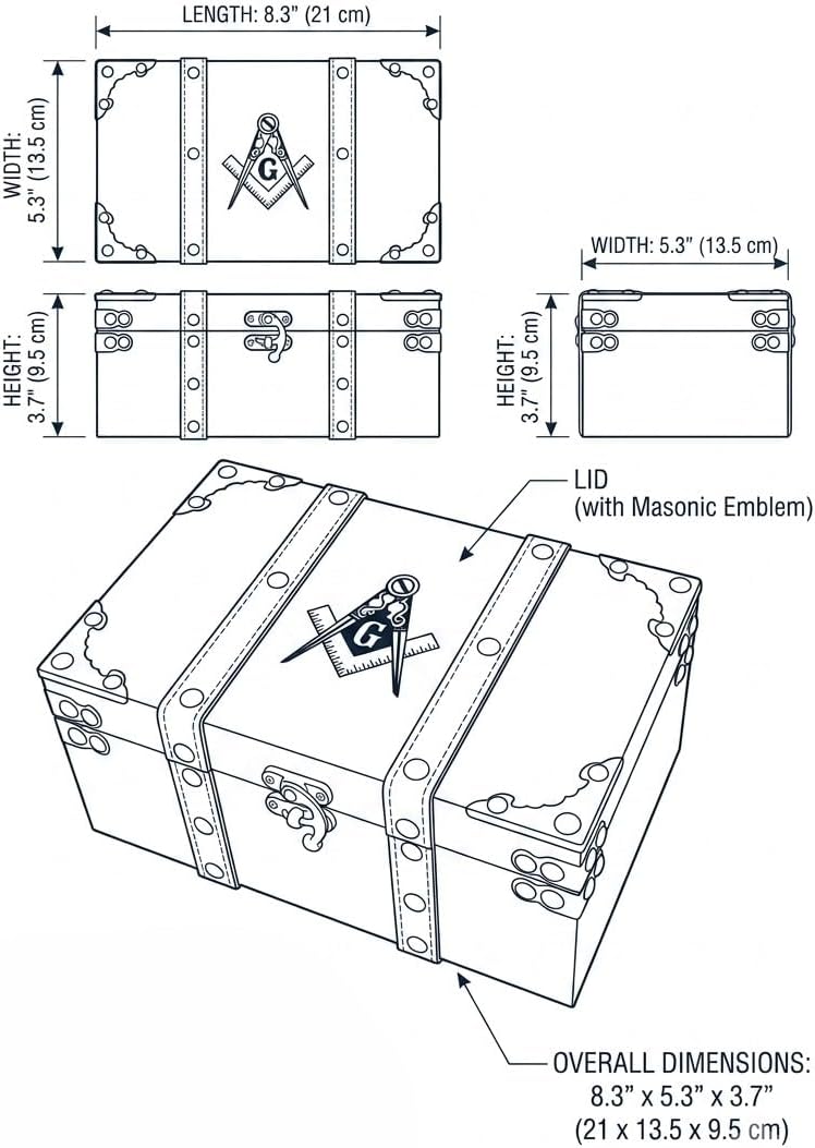 Masonic Engraved Solid Wood and Leather Chest, Wooden Box with Velvet Lining,...
