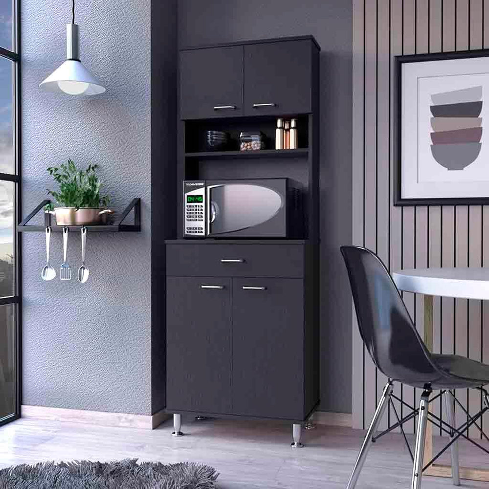 66" Tall Kitchen Pantry Cabinet with 4 Doors & 1 Drawers, Black Cupb...