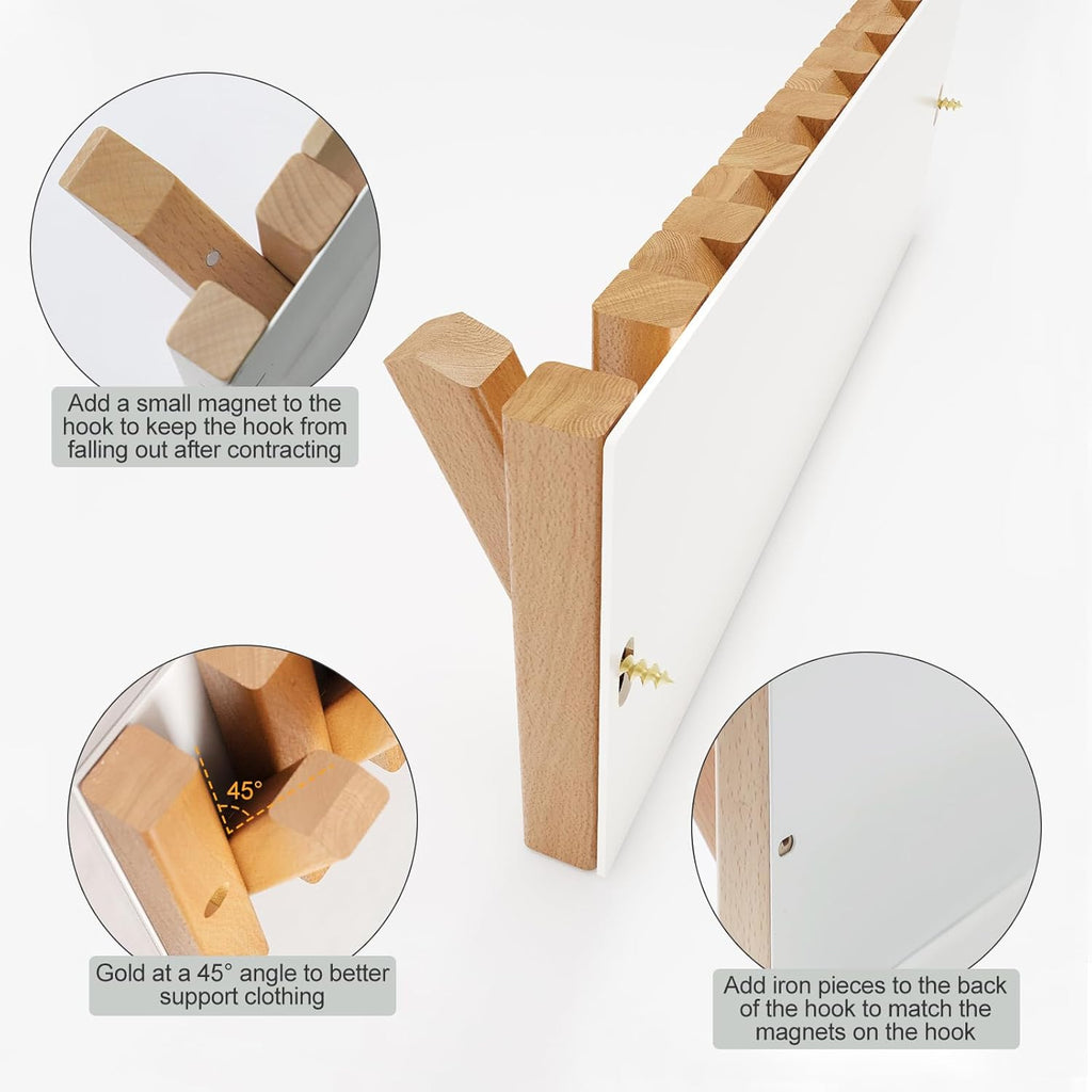 Coat & Hat Hooks Wall Mount with Key Holder, Wall Mounted Coat Rack with 9 Retractable Hangers, Solid Wood Slim Key Holder for Entryway, 17in Natural Finish