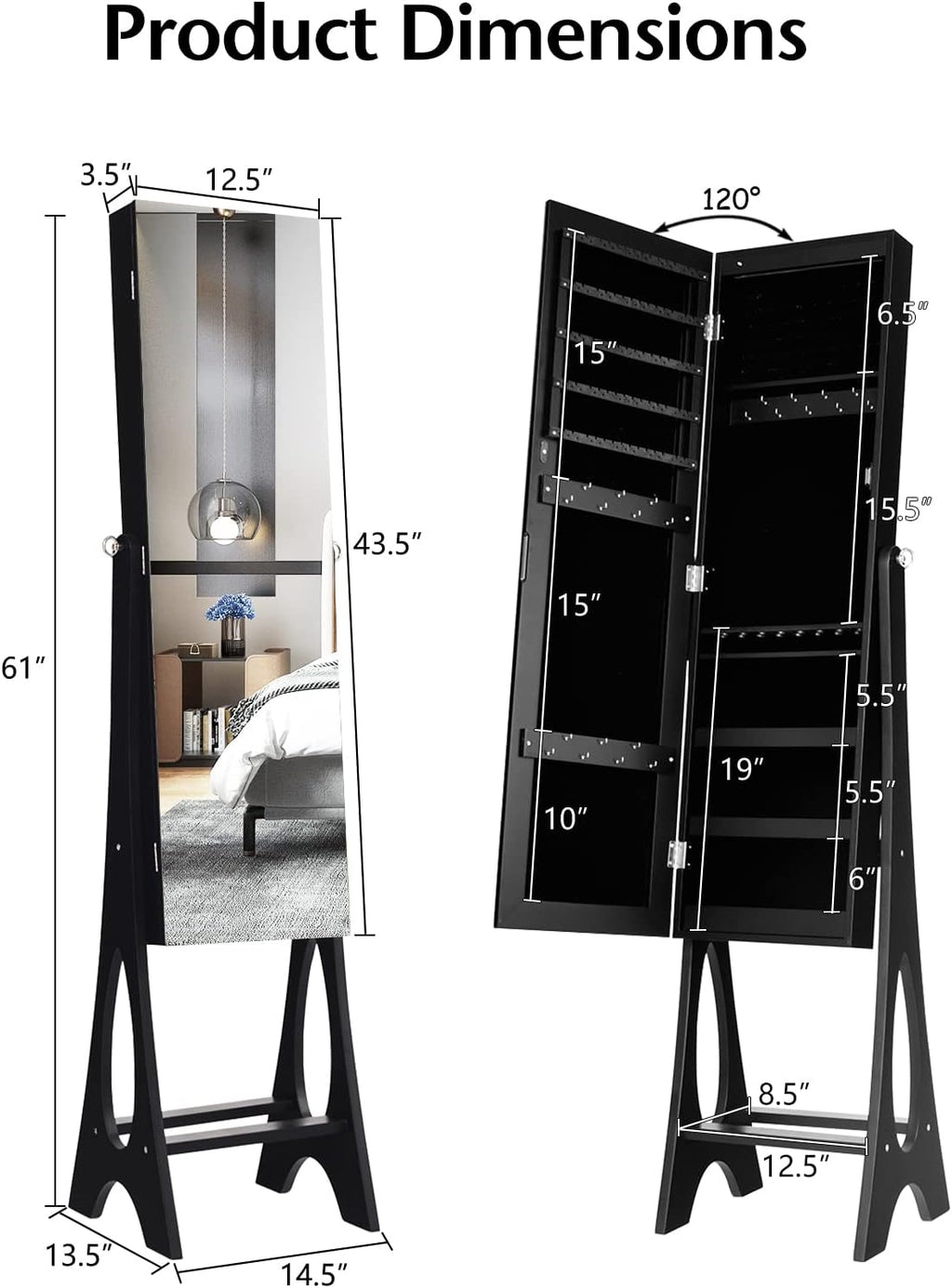 COSTWAY 12 LED Mirror Jewelry Cabinet, Freestanding Jewelry Storage Organizer w/Full Length Mirror, Large Capacity Jewelry Armoire w/Bottom Shelf, Mirror with Jewelry Storage for Women Girls (Black)