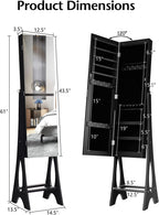 COSTWAY 12 LED Mirror Jewelry Cabinet, Freestanding Jewelry Storage Organizer w/Full Length Mirror, Large Capacity Jewelry Armoire w/Bottom Shelf, Mirror with Jewelry Storage for Women Girls (Black)